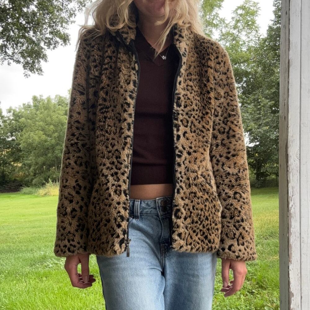 Vintage Y2K White Stag Leopard Faux Fur Coat Zip Up Jacket Medium Indie Sleaze